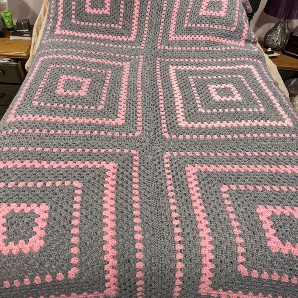 Hand Knit Grey And Pink Crochet Blanket 57”x85” Fits Double Bed